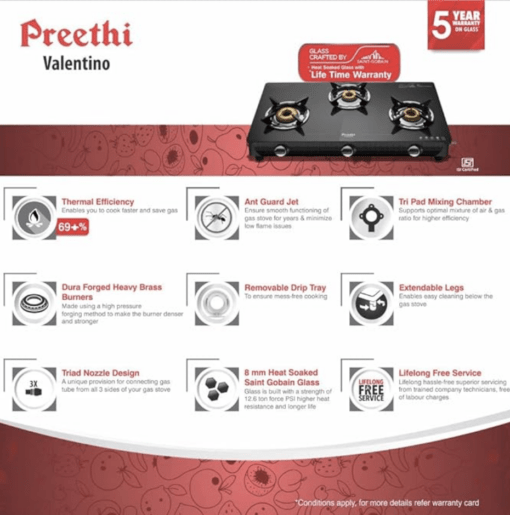 Preethi Valentino Glass top 3 Burner Gas Stove, Manual Ignition, Black (ISI Approved with Life Time Warranty on Glass & Burner) - Image 4